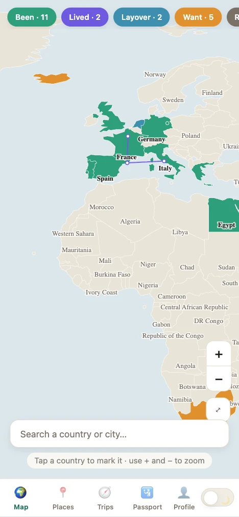 The world map screen, with visited countries filled in colour.