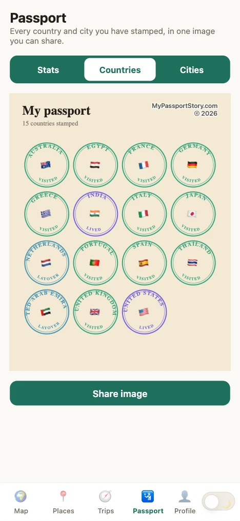 The passport screen, a grid of country stamps.