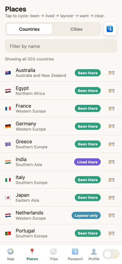 The places list, showing countries with their status.