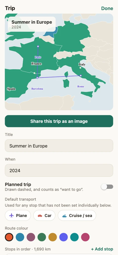 A trip screen showing a route drawn between stops.